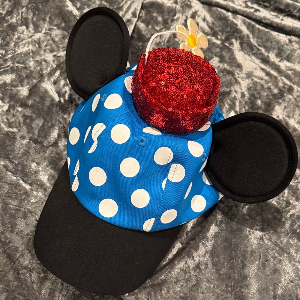 Disney Blue Polka Dot Mouse Ears Hat with Red Sequin Bow